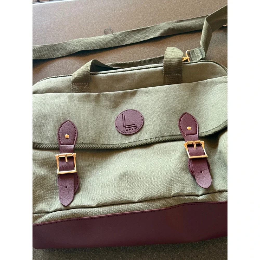 Lulu Canvas Messenger Laptop Bag Olive Green Burgundy Gold Buckle Briefcase